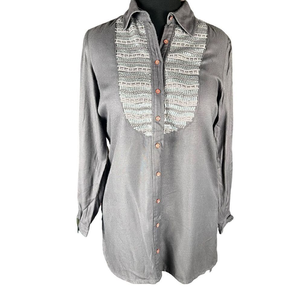 Sacred threads gray sequin button up long sleeve free size hi low blouse